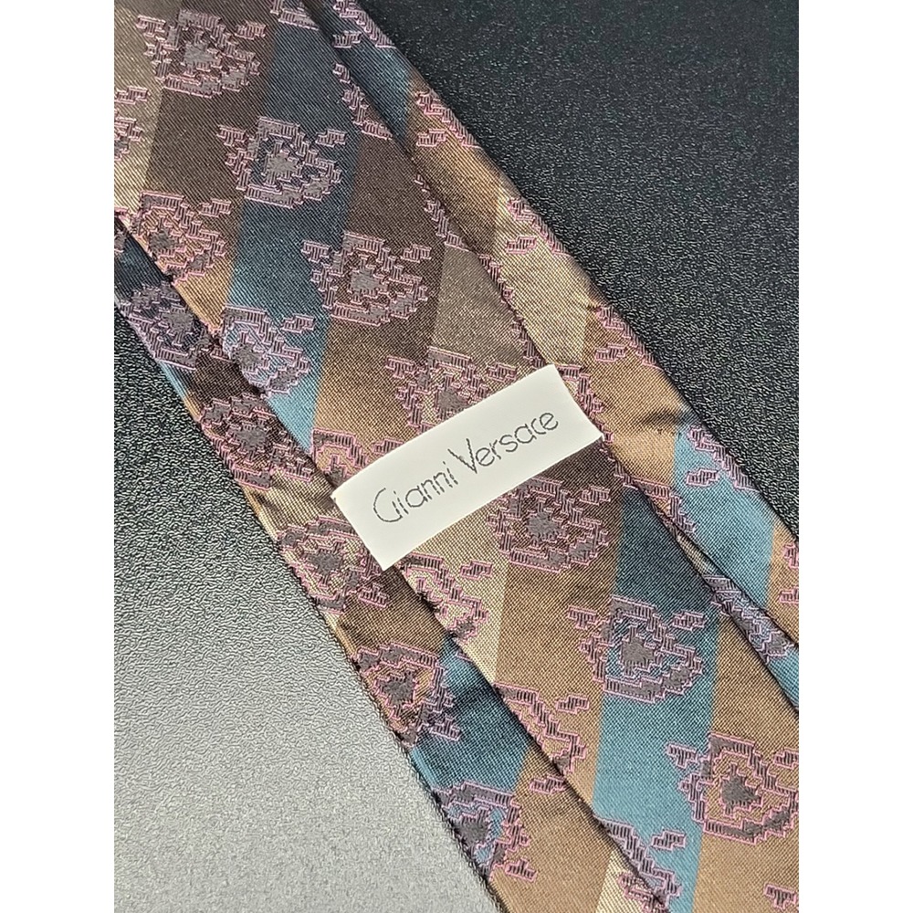 Vintage Gianni Versace Silk Tie Brown Blue Geometric Medallion Made Japan 3.75